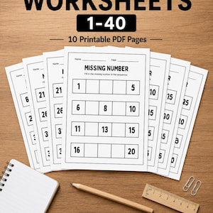 Arbetsblad med saknade tal 1-40 utskrivbara PDF | Matematikarbeten för förskola | Nummersekvensaktivitet för dagis | Hemundervisning utskrivbar
