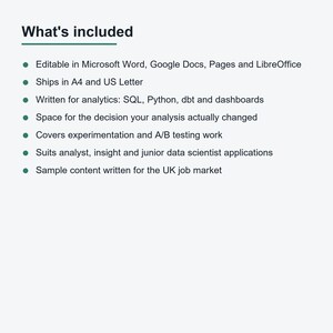 May include: A digital document template titled What's included, listing features: editable in Microsoft Word, Google Docs, Pages, and LibreOffice; available in A4 and US Letter; covers SQL, Python, dbt, dashboards, experimentation, and A/B testing.