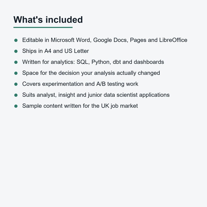 May include: A digital document template titled What's included, listing features: editable in Microsoft Word, Google Docs, Pages, and LibreOffice; available in A4 and US Letter; covers SQL, Python, dbt, dashboards, experimentation, and A/B testing.