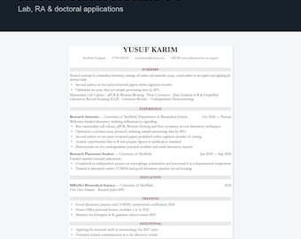 Research Assistant CV Template UK | Lab & Science Graduate Resume, Word