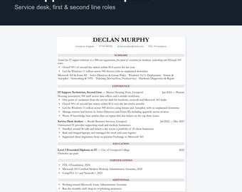 IT Support CV Template UK | Service Desk & Helpdesk Resume, Word Docs
