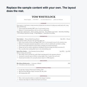 May include: A professional resume template featuring the name Tom Whitelock at the top, followed by sections for Summary, Experience, Education, Certifications & Tools, and Additional information, all presented in a clean, black and white layout.