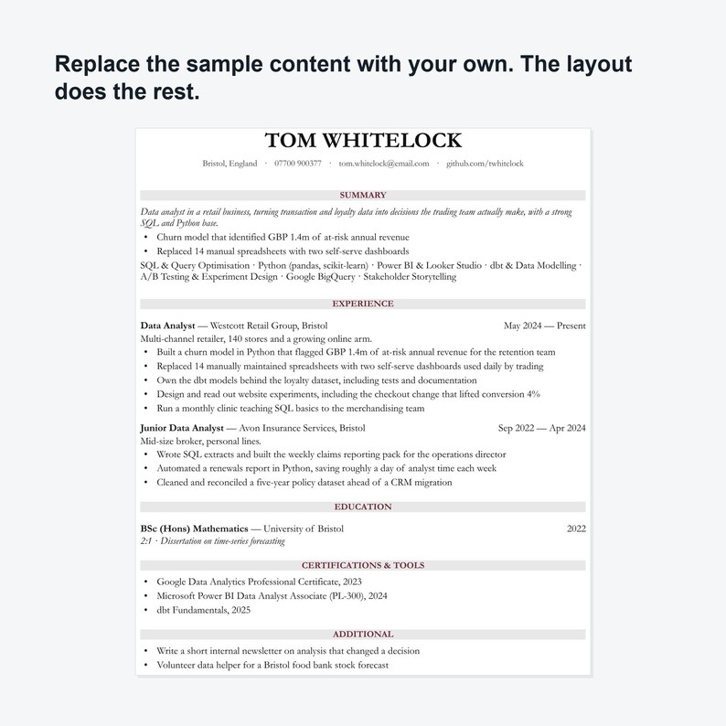 May include: A professional resume template featuring the name Tom Whitelock at the top, followed by sections for Summary, Experience, Education, Certifications & Tools, and Additional information, all presented in a clean, black and white layout.