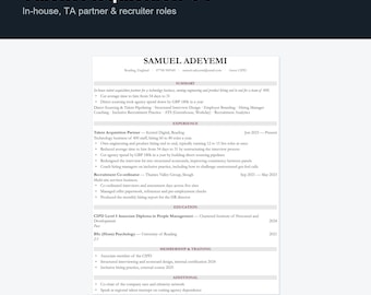 Talent Acquisition CV Template UK | In House Recruiter Resume, Word Docs
