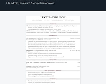HR Administrator CV Template UK | Entry Level People Team Resume, Word