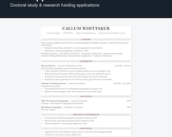 PhD Application CV Template UK | Doctoral Funding & Masters Resume, Word