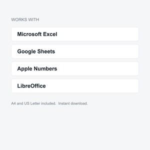 May include: A digital compatibility list featuring the text WORKS WITH followed by four white rectangular buttons labeled Microsoft Excel, Google Sheets, Apple Numbers, and LibreOffice. The bottom text states A4 and US Letter included.