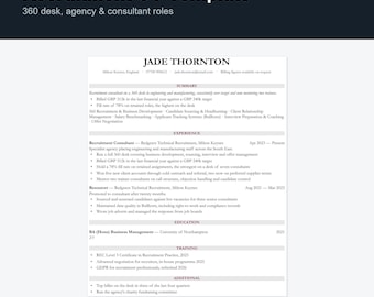 Recruitment Consultant CV Template UK | 360 Desk & Billings Resume, Word