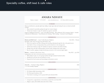 Barista CV Template UK | Speciality Coffee & Shift Lead Resume, Word Docs