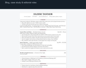 Content Writer CV Template UK | Copywriter & Editor Resume, Word Docs