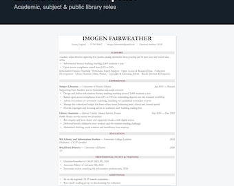 Librarian CV Template UK | Academic & CILIP Subject Librarian Resume