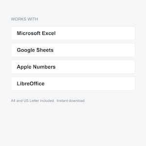 Peut inclure: Une liste de compatibilit&eacute; num&eacute;rique affichant le texte WORKS WITH suivi de quatre boutons rectangulaires blancs intitul&eacute;s Microsoft Excel, Google Sheets, Apple Numbers et LibreOffice. Le texte en bas indique A4 and US Letter included.