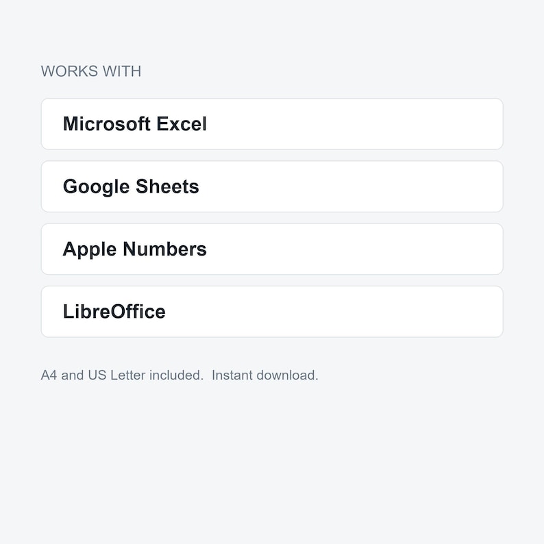 Peut inclure: Une liste de compatibilit&eacute; num&eacute;rique affichant le texte WORKS WITH suivi de quatre boutons rectangulaires blancs intitul&eacute;s Microsoft Excel, Google Sheets, Apple Numbers et LibreOffice. Le texte en bas indique A4 and US Letter included.