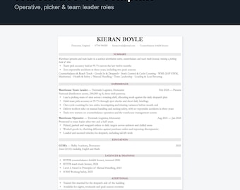 Warehouse CV Template UK | Operative, Picker & Team Leader Resume, Word