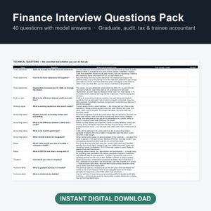 May include: A Finance Interview Questions Pack document featuring 40 questions with model answers for graduate, audit, tax, and trainee accountant roles. The table includes columns for topic, question, and a good answer, with an instant digital download button.