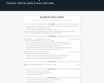 Chef CV Template UK | Commis, Chef de Partie, Senior Chef Resume (Word)