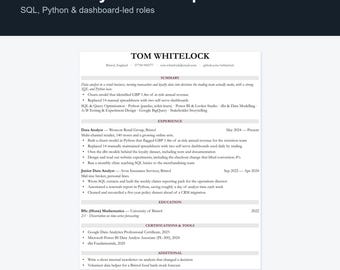Data Analyst CV Template UK | SQL, Python & Dashboard Resume, Word Docs