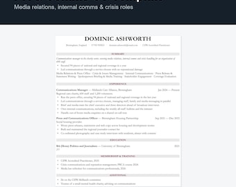 PR Communications CV Template UK | Media & Press Officer Resume, Word