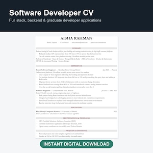 Software Developer CV Template | Programmer Resume Word & Google Docs | Full Stack Engineer Curriculum Vitae | Instant Download