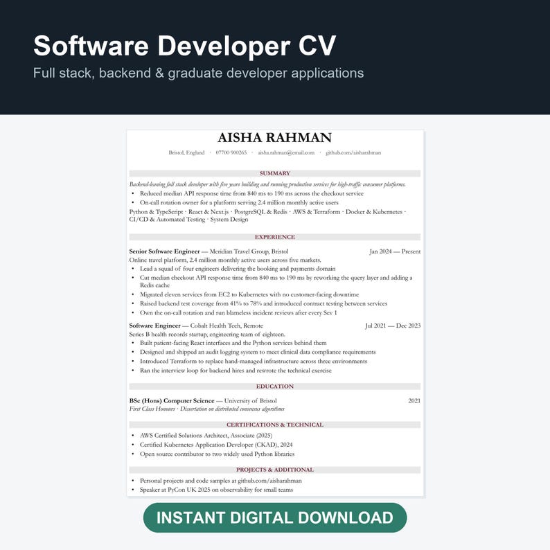 Peut inclure: Un mod&egrave;le de CV de d&eacute;veloppeur logiciel blanc pour Aisha Rahman comprenant des sections pour le r&eacute;sum&eacute;, l'exp&eacute;rience, l'&eacute;ducation, les certifications et les projets. Le document inclut les coordonn&eacute;es et les comp&eacute;tences techniques en noir.