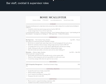 Bartender CV Template UK | Bar Staff & Cocktail Resume, Word Google Docs