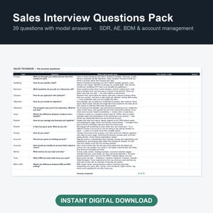 May include: A digital document titled Sales Interview Questions Pack featuring 39 questions with model answers for SDR, AE, BDM, and account management roles. The table includes columns for topic, question, model answer, notes, and readiness status.