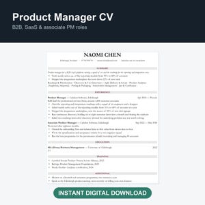 May include: A professional resume template for a Product Manager titled Naomi Chen, featuring sections for summary, experience, education, and training. The document includes text detailing B2B SaaS roles, skills, and achievements on a white background.