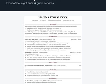Hotel Receptionist CV Template UK | Front Office Resume, Word Google Docs