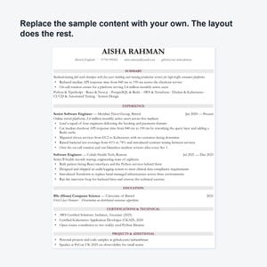 Peut inclure: Un mod&egrave;le de CV professionnel pour une ing&eacute;nieure logicielle nomm&eacute;e Aisha Rahman. Le document comprend des sections pour le r&eacute;sum&eacute;, l'exp&eacute;rience, l'&eacute;ducation, les certifications et les projets, avec du texte noir sur fond blanc et des titres bordeaux.