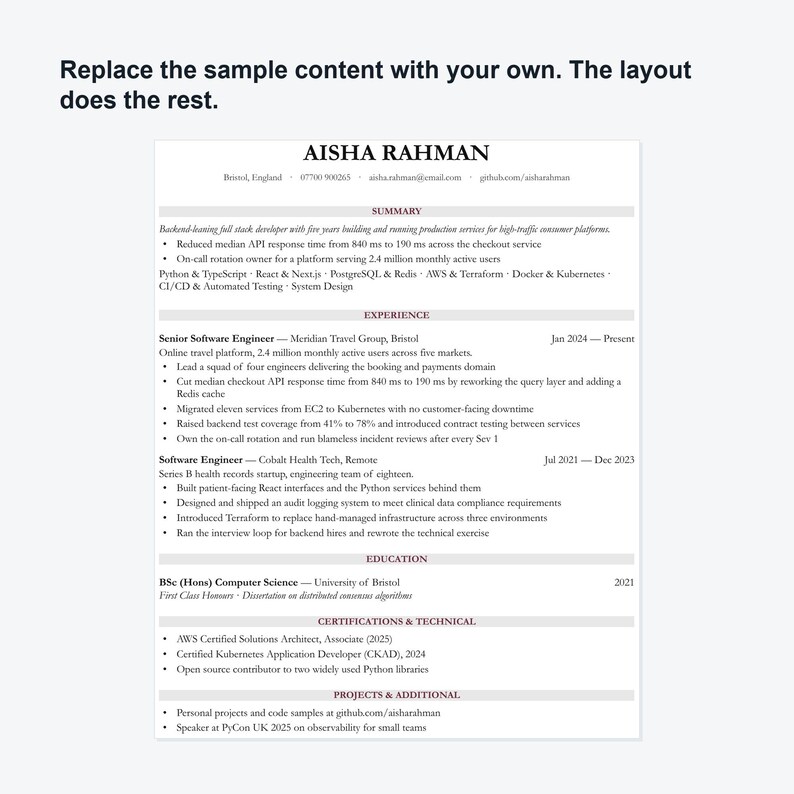 Peut inclure: Un mod&egrave;le de CV professionnel pour une ing&eacute;nieure logicielle nomm&eacute;e Aisha Rahman. Le document comprend des sections pour le r&eacute;sum&eacute;, l'exp&eacute;rience, l'&eacute;ducation, les certifications et les projets, avec du texte noir sur fond blanc et des titres bordeaux.
