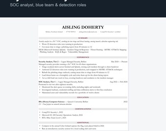 Cyber Security CV Template UK | SOC Analyst & Blue Team Resume, Word Docs