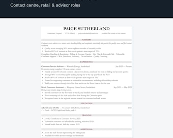 Customer Service CV Template UK | Contact Centre & Advisor Resume, Word