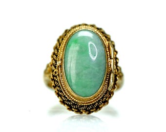 Vintage Chinese Gilt-Silver Locket Ring with Jadeite and Carved Coral Buddha