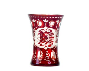 Antike Boho Ruby Cut-to-Clear Glasvase, Egermann Style Hirsch & Wald Motiv, c. Um 1900