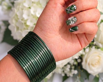 Dark green Bangles Set of 24, Shiny bangles, Metal bangles, Pakistani Indian Metal Churi Set, Wedding Bangles, Bridal bangles