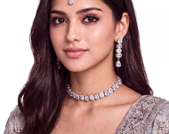 Simple silver Choker Necklace Set with Earrings & Tikka | Indian Bridal Jewellery | Wedding Jewellery | Adjustable Choker