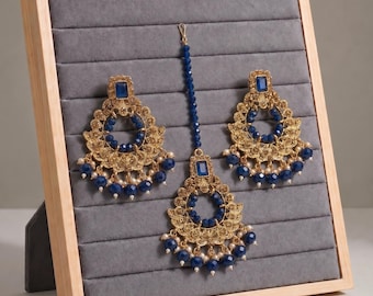 Gold And Navy Blue Earrings & Tikka Set for Weddings, Traditional Indian Jewelry