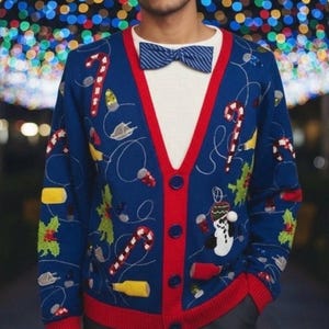 May include: A blue Christmas cardigan with red trim and button closure. The sweater is decorated with candy canes, Christmas lights, and a snowman. A white shirt and blue striped bow tie are visible.