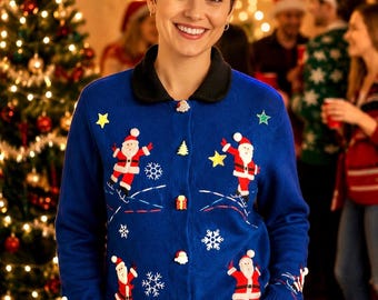 Onque Casual Blue Christmas Sweater Sz PM Santa Clauses Skating Black Collar