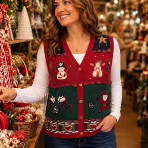 May include: A sleeveless V-neck button-down vest featuring a red upper section with embroidered snowmen and a green lower section with a Santa Claus figure and stockings. The garment includes decorative trim, buttons, and festive holiday motifs.