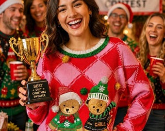 Ugly Christmas Sweater Funny Teddy Bears Women’s Sz M Festive Party Winner