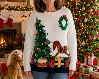 Vintage 1993 Marisa Christina Ugly Christmas Sweater Tree Rocking Horse Sz M