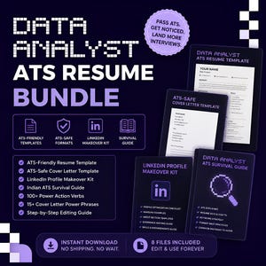 Puede incluir: Un paquete digital para currículums, cartas de presentación y perfiles de LinkedIn de analistas de datos. La imagen presenta plantillas, guías y un kit de cambio de imagen de perfil de LinkedIn. El texto incluye "Data Analyst ATS Resume Bundle".