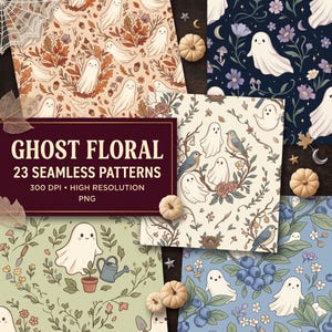 Ghost Garden Seamless Pattern Bundle, Cute Halloween Digital Paper, Cottagecore Ghost Floral Print, Fabric & Wallpaper Design, 23 Files