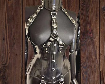 Black leather Vinyl Corset Harness with Matching Belted Collar | Made to Measure  | Adjustable Buckle Straps | Alternative Fashion Costume