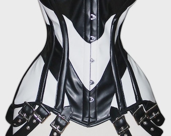 White & Black Genuine Leather Overbust Corset Lace-Up Gothic Bustier | Buckle Detail Corset