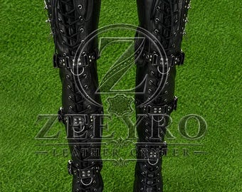 Handmade Black Leather Gothic Platform Boots, Punk Biker Style (Custom Made)