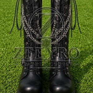 Black Gothic Platform Boots, Lace-Up Chain Detail, Chunky Heel Combat Style