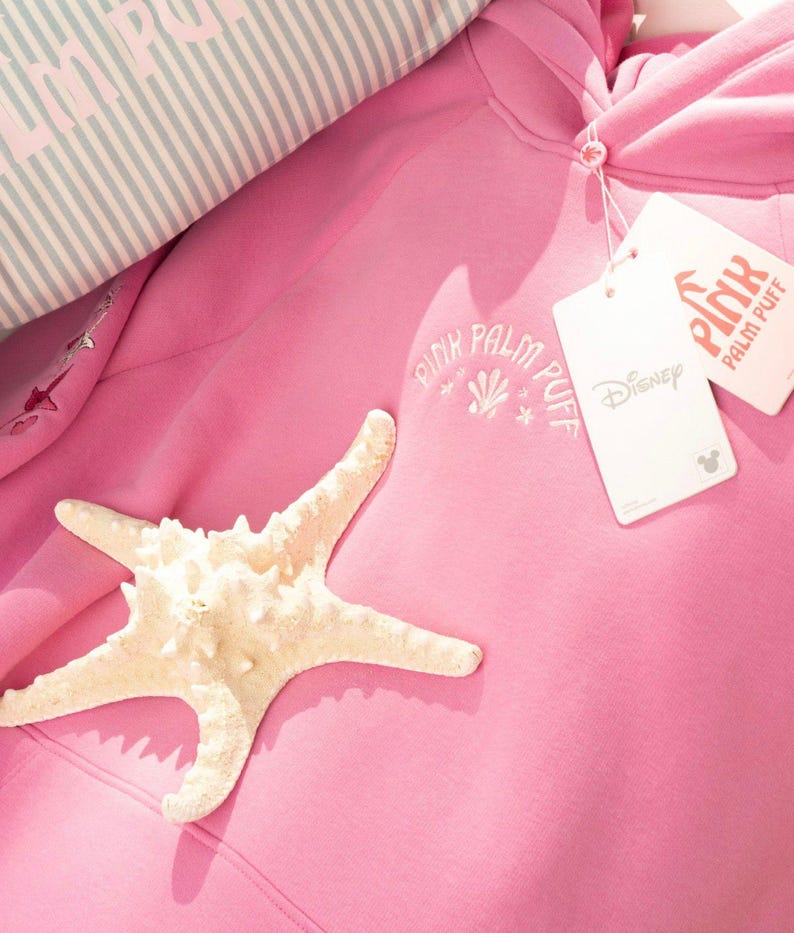 May include: A light pink hoodie with the text "PINK PALM PUFF" and a seashell graphic. A white starfish rests on the hoodie. A tag with the Disney logo is attached. A striped pillow is visible in the background.