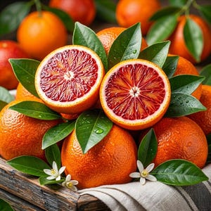 May include: A close-up of a pile of blood oranges, some whole and some halved, revealing their vibrant red flesh. Green leaves and white blossoms are interspersed among the oranges. The oranges are on a wooden surface.